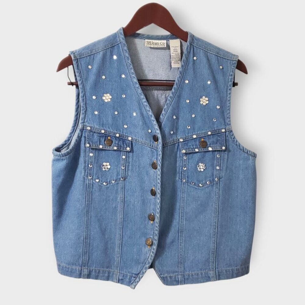 Vintage Sag Harbor Denim Floral Rhinestone Vest Medium Western Festival Indie